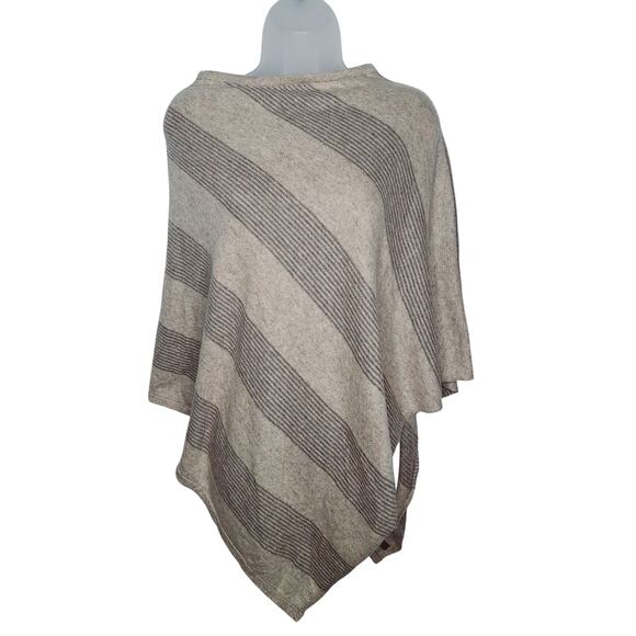 Nepali Cashmere Poncho Asymmetrical Knit Wrap Stripe Oatmeal Gray Lightweight - Picture 1 of 11